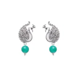 Panash Silver Plated Oxidized Green Peacock Shaped Drop Earrings image 3