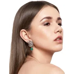 Panash Silver Plated Oxidized Green Peacock Shaped Drop Earrings image 2