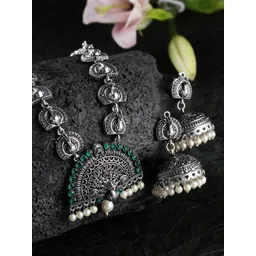 PANASH Silver-Toned Green Stone-Studded Peacock Shaped Oxidized Jewellery Set-picture-25