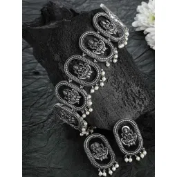 Panash Silver Toned Oxidized Antique Temple Choker & Earrings Set-picture-45