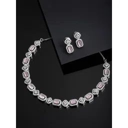 PANASH Women Rhodium-Plated Silver-Toned & Pink AD Studded Jewellery Set-picture-32