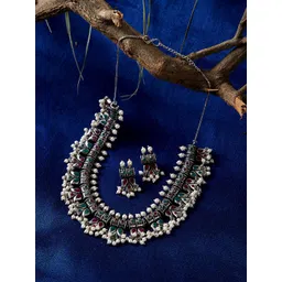 PANASH Women Silver-Plated & Green Oxidised Stone-Studded Jewellery Set-picture-14