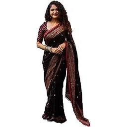 pandadi saree Women's Black Jute Silk Saree with Exquisite Embroidery and Mirror Work-picture-31
