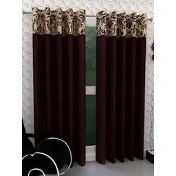 Panipat Textile Hub Brown & Gold-Toned 2 Pieces Floral Eyelet Window Curtains-picture-15