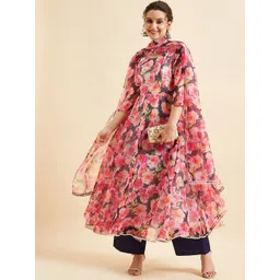 PANIT Navy Blue & Pink Floral Printed Gotta Patti Anarkali Kurta with Palazzos & Dupatta-picture-30