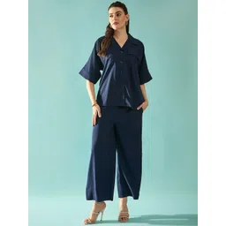 PANIT Navy Blue Lapel Collar Flared Sleeves Loose Fit Seersucker Shirt & Trousers-picture-37
