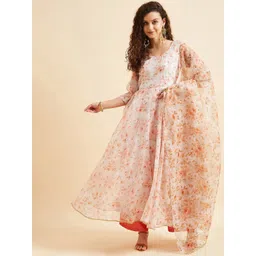 PANIT Off-White & Orange Floral Printed Gotta Patti Anarkali Kurta with Palazzos & Dupatta-picture-21