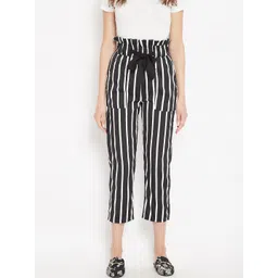 PANIT Women Black & Off-White Regular Fit Striped Peg Trousers-image-46