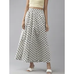 PANIT Women Off White & Green Cotton Ethnic Motifs Printed Flared Palazzos-image-45