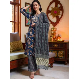 Pannkh Floral Printed Round Mirror Work Straight Kurta With Trousers & Dupatta-picture-21
