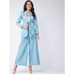 Pannkh Women Blue & White Chambray Printed Pure Cotton Blazer with Trouser-picture-27