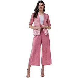 pannkh Women'S Chambray Printed Blazer With High Waist Pant Set | Half Sleeves Collared Neck Cotton Printed Clothing Set - (Pink, Xl)-picture-22