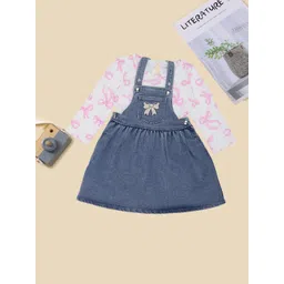 Pantaloons Baby Girls Shoulder Straps Cotton Denim Pinafore Dress With T-shirt-picture-22