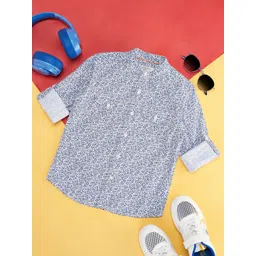 Pantaloons Junior Boys Floral Printed Band Collar Roll-Up Sleeves Cotton Casual Shirt-picture-20