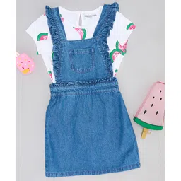 Pantaloons Junior Cotton Denim Solid Dungaree With Half Sleeves Watermelon Printed Tee Set - Blue-picture-27