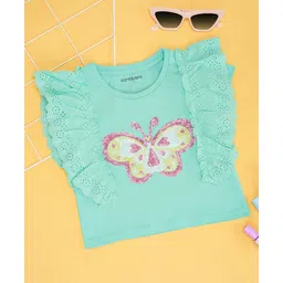 Pantaloons Junior Cotton Knit Half Sleeves Butterfly Shaped Sequins Embellished Top - Aqua Blue-picture-32