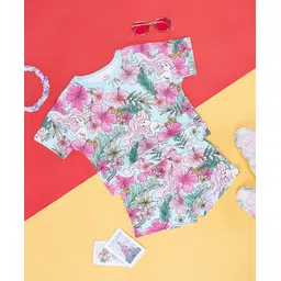 Pantaloons Junior Cotton Knit Half Sleeves Floral Printed Shorts Set- Island Paradise Blue-picture-26