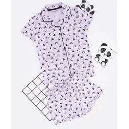 Pantaloons Junior Cotton Knit Half Sleeves Pandas Printed Coordinating Shirt & Shorts Set - Purple-picture-38