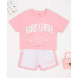 Pantaloons Junior Cotton Knit Half Sleeves Paris League Text Printed Tee & Shorts Night Suit Set - Pink-picture-40