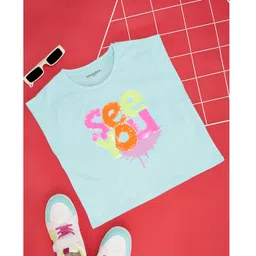 Pantaloons Junior Cotton Knit Sleeveless Sequins Embellished See You Text Designed Top - Aqua Blue-picture-26