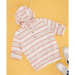 Pantaloons Junior Cotton Linen Woven Full Sleeves Striped Hooded Kurta Style Shirt - Orange-picture-28