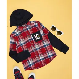 Pantaloons Junior Cotton Woven Full Doctor Sleeves Checked Hooded Shirt - Red-picture-27