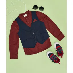 Pantaloons Junior Cotton Woven Full Sleeves Abstract Printed Shirt With Waistcoat - Red-picture-23
