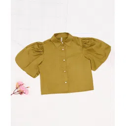 Pantaloons Junior Cotton Woven Half Puffed Sleeves Solid Shirt Style Top - Olive Green-picture-33