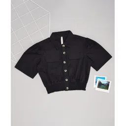 Pantaloons Junior Cotton Woven Half Sleeves Solid Shirt Style Top - Black-picture-32