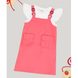 Pantaloons Junior Cotton Woven Solid Dungaree With Frill Sleeves Solid Top - Pink-picture-28