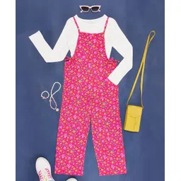 Pantaloons Junior Floral Printed Jumpsuit With Full Sleeves Solid Tee - Pink-picture-11