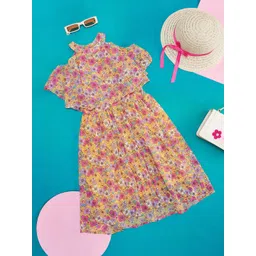 Pantaloons Junior Girls Floral Printed Cold Shoulder Sleeves Georgette Fit & Flare Dress-picture-32