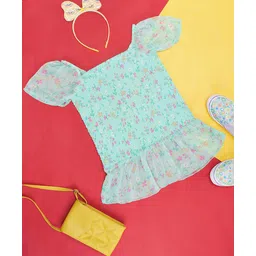 Pantaloons Junior Half Sleeves Seamless Floral Printed & Smock Detailed Top - Mint Green-picture-20