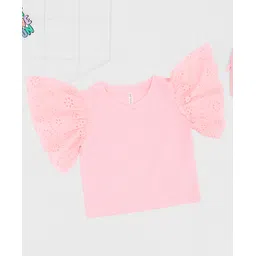 Pantaloons Junior Knit Half Flutter Sleeves Floral Schfliil Embroidered & Textured Top - Baby Pink-picture-17
