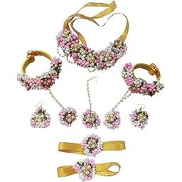 papa ki pari Gayatri Creations Floral Jewellery Set for Haldi, Mehndi, Baby Shower & Bridal Wear | Gota Patti Necklace, Earrings, Bracelet & Maang Tikka for Women & Girls-picture-49