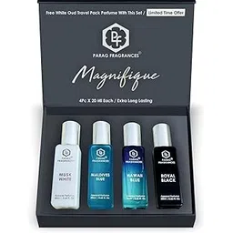 Parag fragrances Unisex Magnifique Liquid Perfume Gift Set/Long Lasting Perfumes For Men & Women/Set Of 4 Pc Of 20Ml Each/Total 80Ml (Musk White, Maldives Blue, Hawai Blue, Black Royal)-image-15