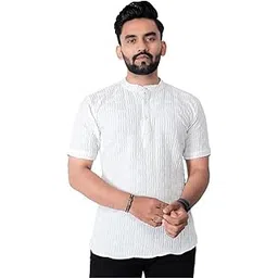 Men's Regular Fit Solid Popcorn Half Sleeve Shirt Regular Fit Short Kurta Shirt | Mandarin Collar Straight Kurta Shirt-image-26