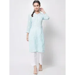 PARAMOUNT CHIKAN Aqua Blue Cotton Hand Embroidered Chikankari Straight Kurta-picture-11
