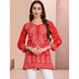 PARAMOUNT CHIKAN Red Cotton Hand Embroidered Chikankari Straight Kurti-picture-44