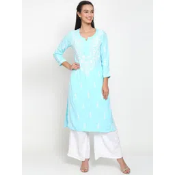 PARAMOUNT CHIKAN Women Blue & celeste Embroidered Flared Sleeves Chikankari Kurta-picture-20