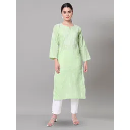 PARAMOUNT CHIKAN Women Green & White Embroidered Cotton Chikankari Kurta-picture-31