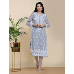 PARAMOUNT CHIKAN Women Grey Ethnic Motifs Hand Embroidered Chikankari Georgette Kurta-picture-17
