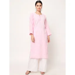 PARAMOUNT CHIKAN Women Pink & White Embroidered Chikankari Cotton Straight Kurta-picture-10