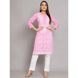 PARAMOUNT CHIKAN Women Pink Floral Embroidered Chikankari Cotton Kurta-picture-42