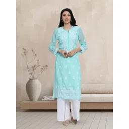 PARAMOUNT CHIKAN Women Sea Green & White Floral Embroidered Chikankari Georgette Kurta-picture-30