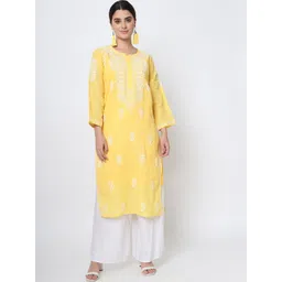 PARAMOUNT CHIKAN Women Yellow & White Ethnic Motifs Embroidered Chikankari Kurta-picture-10