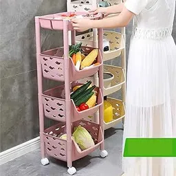 Parasnath Skep 3+1 Layer Fruit & Vegetable Basket Trolley Included 1 Dish Box Tray (Pink Colour) For Home And Kitchen Trolley - Made In India (Pink) - Plastic-picture-18