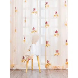Parda Online Gold-Toned & Red Set of 2 Floral Sheer Window Curtain image 1