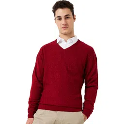 Men Self Design V Neck Red Sweater-image-45