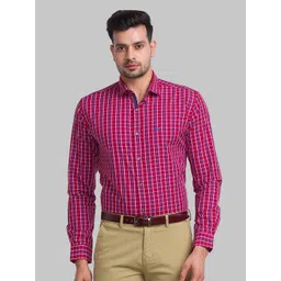 Park Avenue Men Red Slim Fit Grid Tattersall Checks Checked Organic Cotton Formal Shirt-image-27